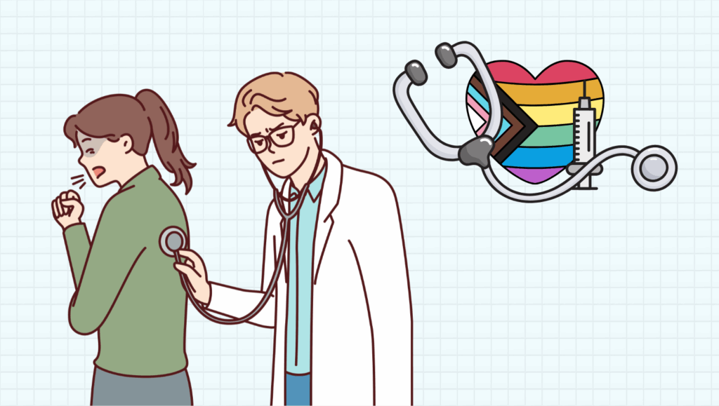 lékař vyšetřuje osobu s kašlem, na pozadí lgbtq srdce